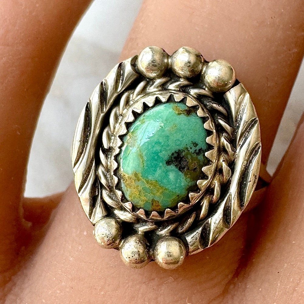 Navajo Turquoise Ring Sz 8 Sterling Begay Native American Tooled Rope Bezel